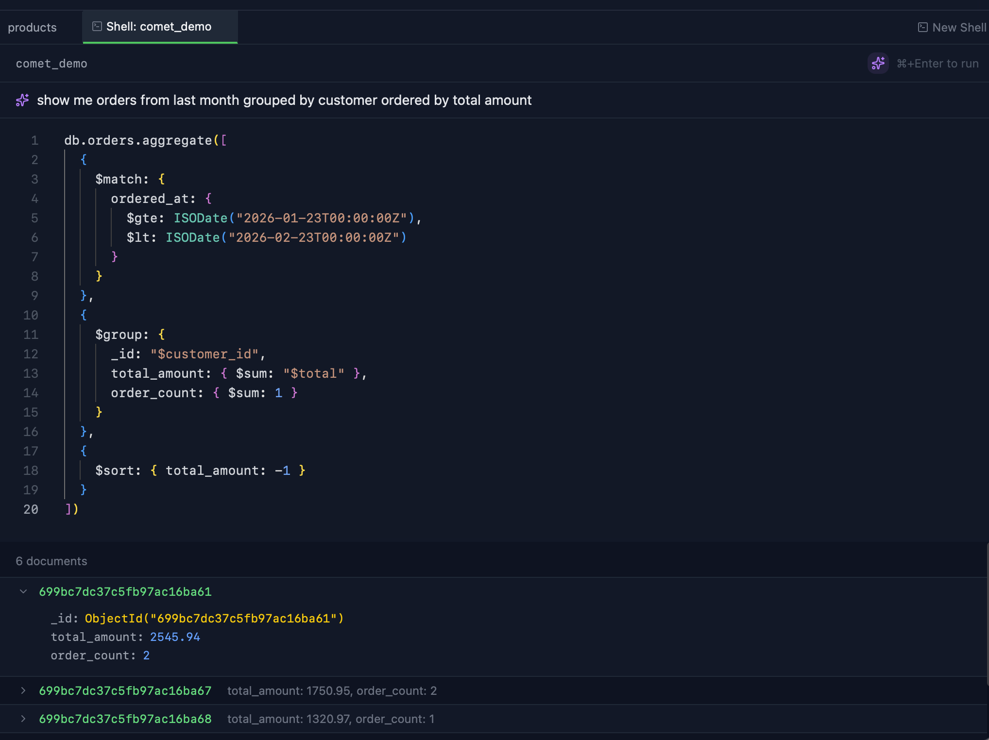 AI assistant generating a MongoDB aggregation pipeline from a natural language description