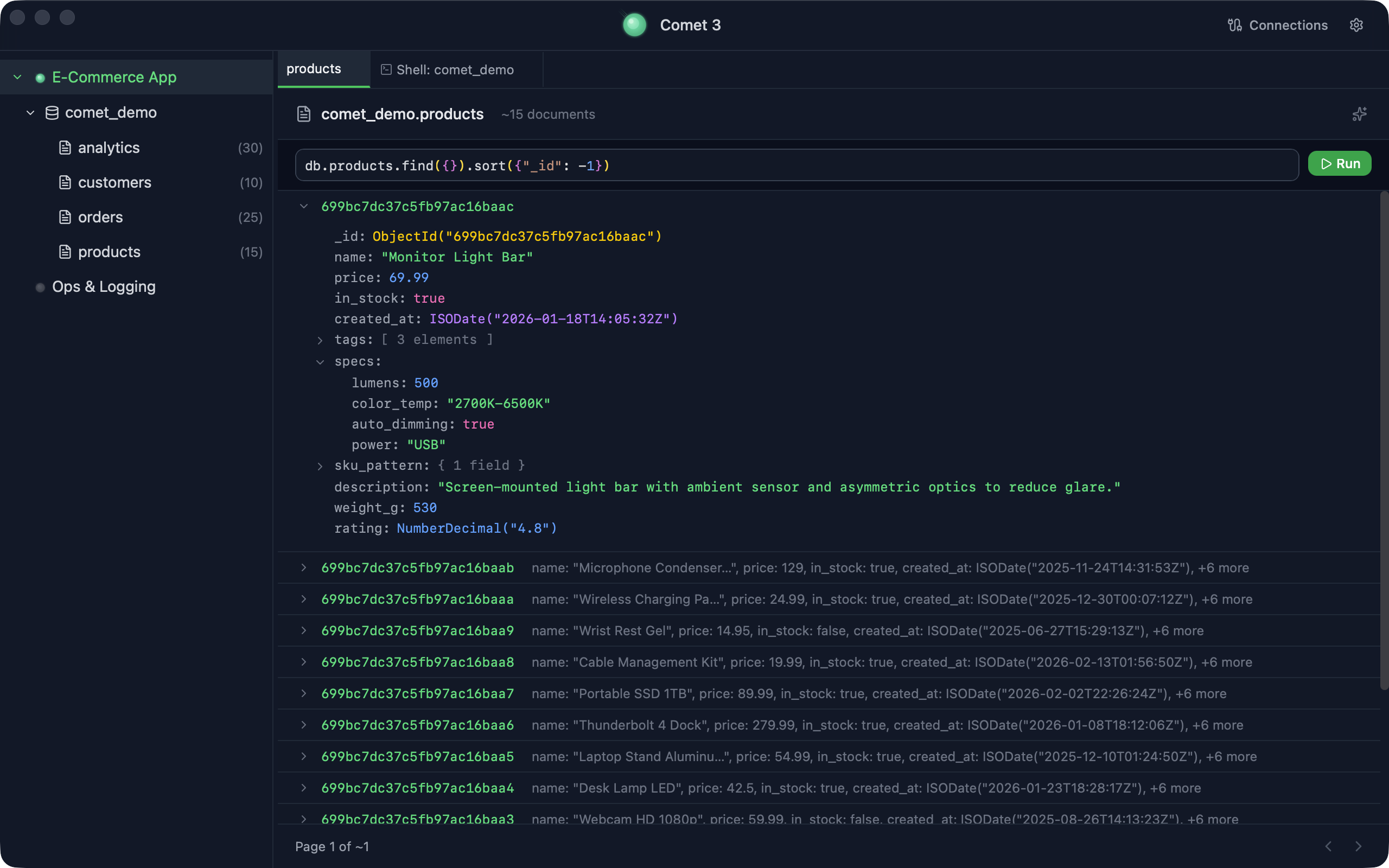 Comet app — sidebar with databases, expanded document tree view showing BSON types with syntax highlighting