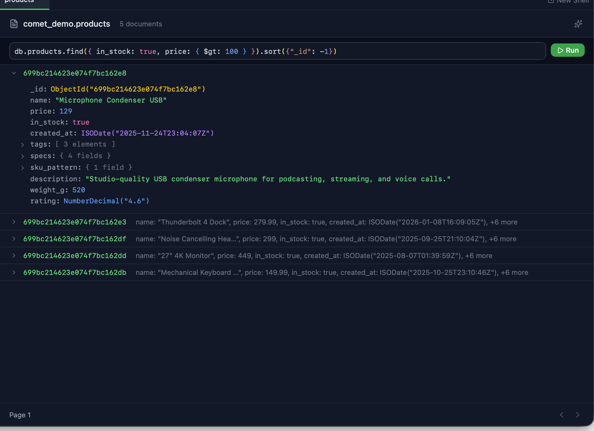 Query bar showing ISODate filter with autocomplete suggestions and resulting documents