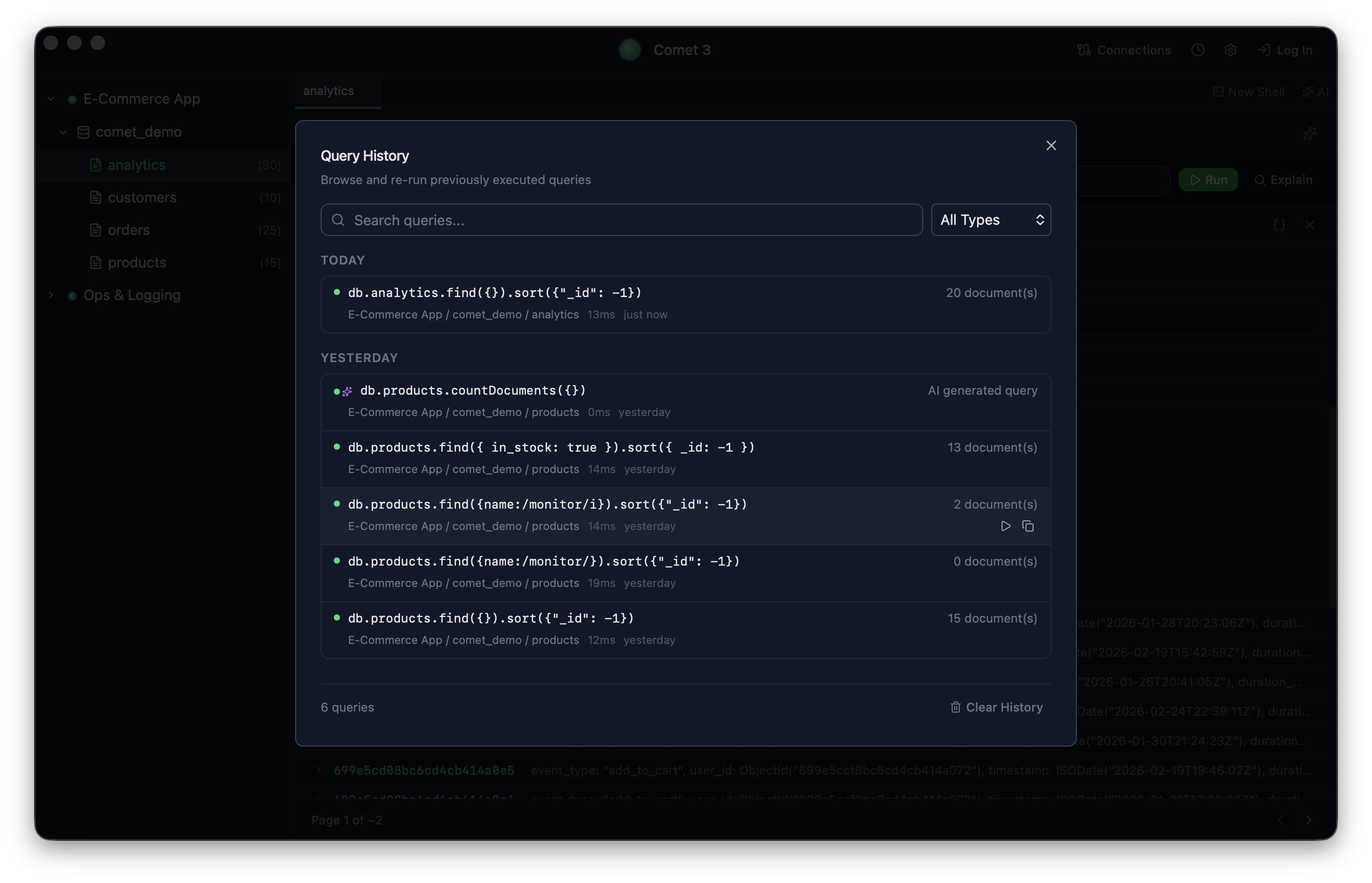 Query History modal showing search bar, type filters, and time-grouped entries